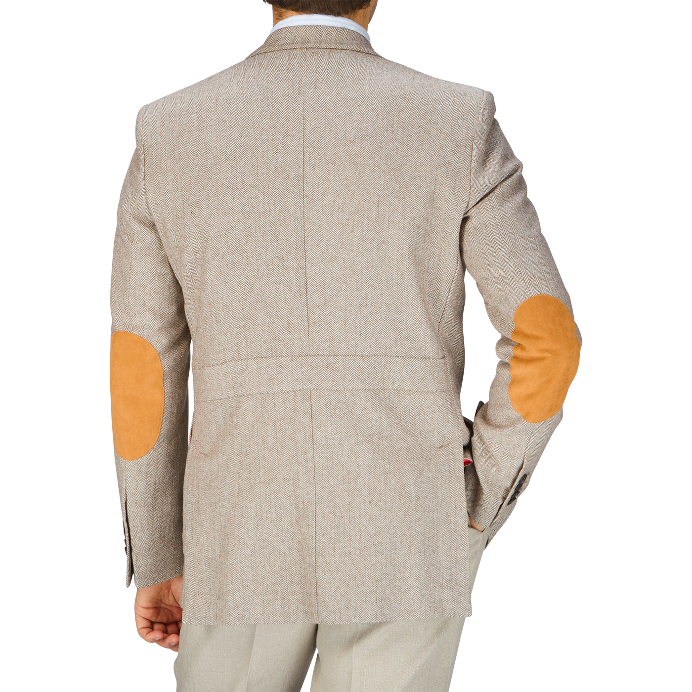 A man in Italy is seen from behind in an Alexander Kraft Monte Carlo beige herringbone wool linen Provence jacket with orange patches.