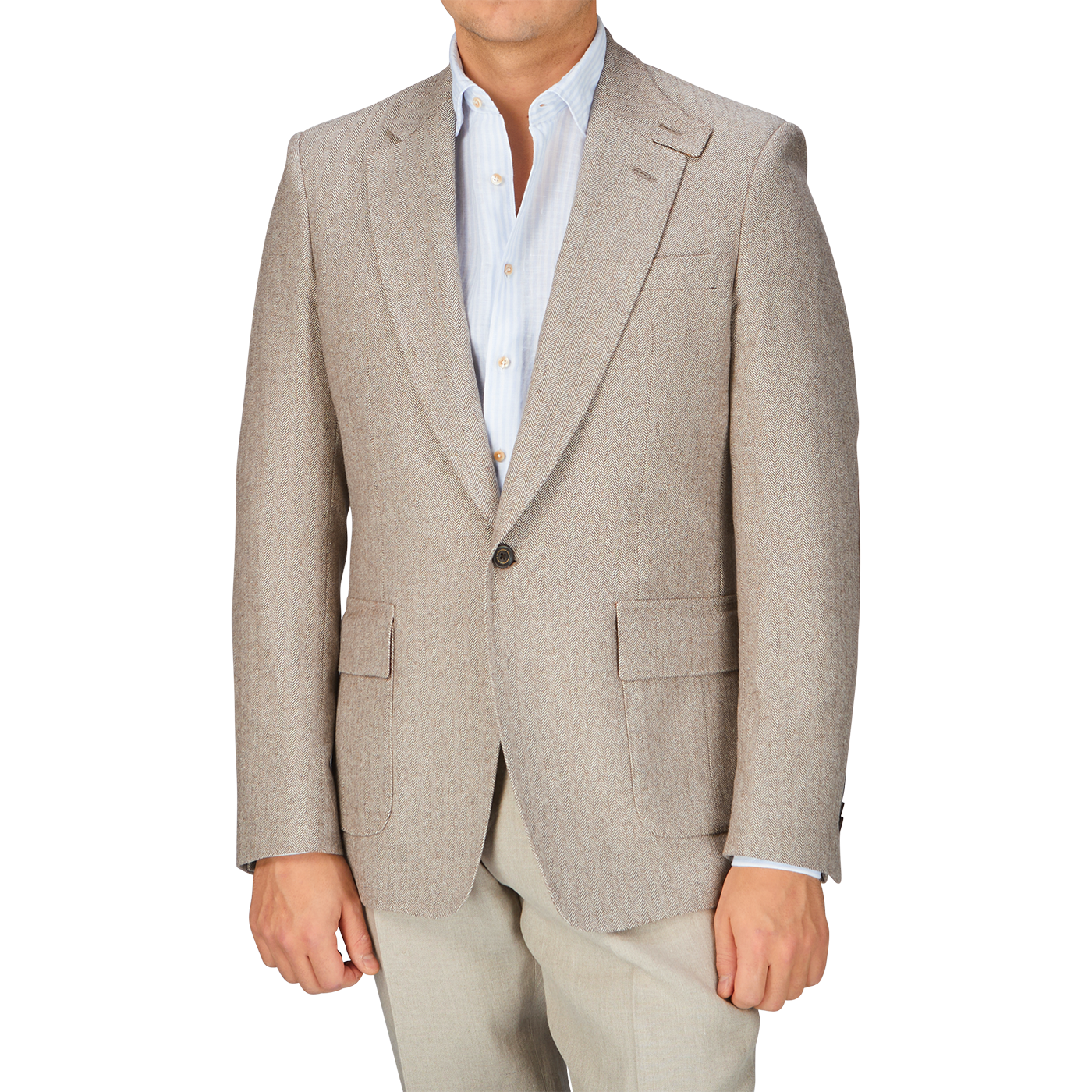 A man wearing an Alexander Kraft Monte Carlo Beige Herringbone Wool Linen Provence Jacket.