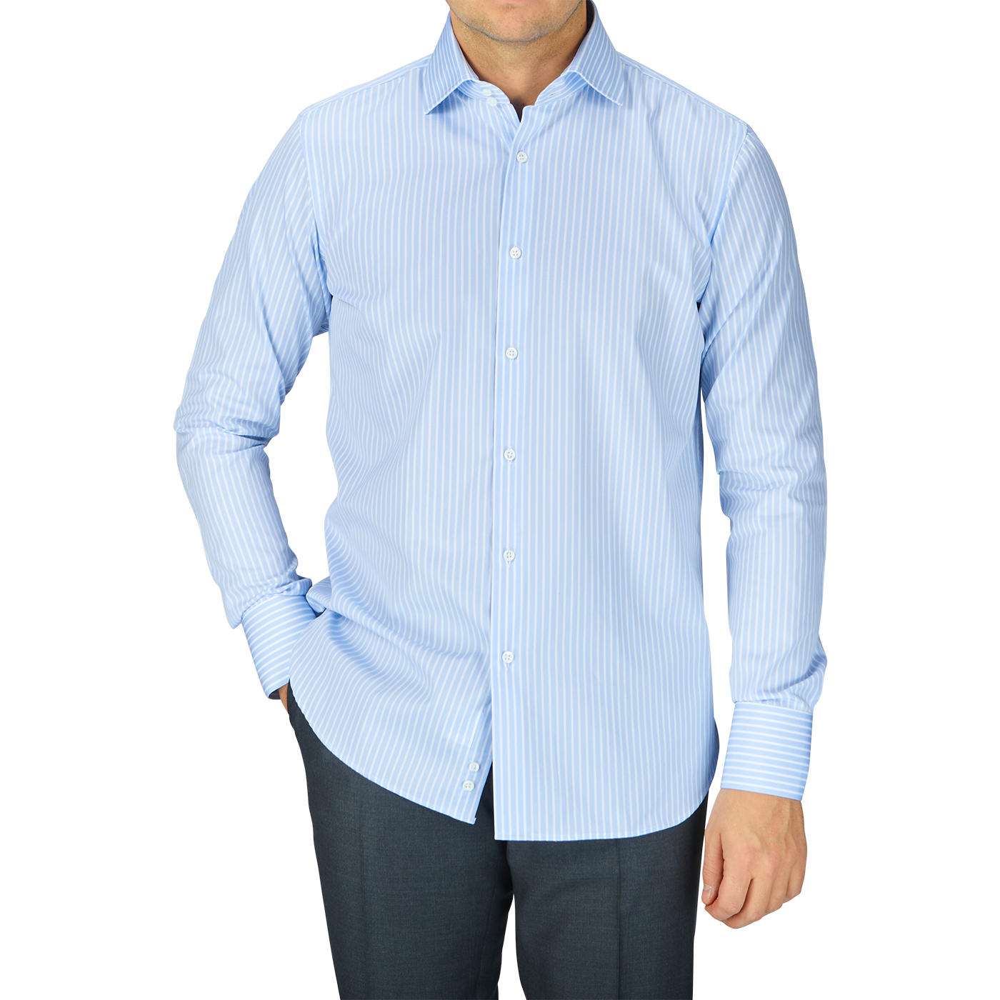 A man adorned in a Blue White Striped Cotton Single Cuff Shirt from Alexander Kraft Monte Carlo.