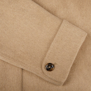 A close up of a Camel Beige Pure Cashmere Florence DB Overcoat with buttons, made by Alexander Kraft Monte Carlo.