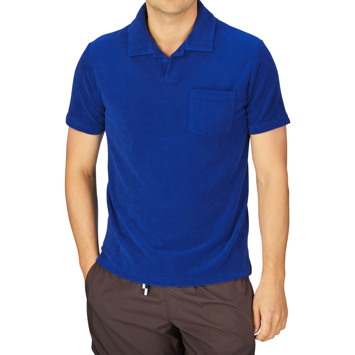 Man wearing a casual Altea Dark Blue Cotton Towelling Capri Collar Polo Shirt with a chest pocket.
