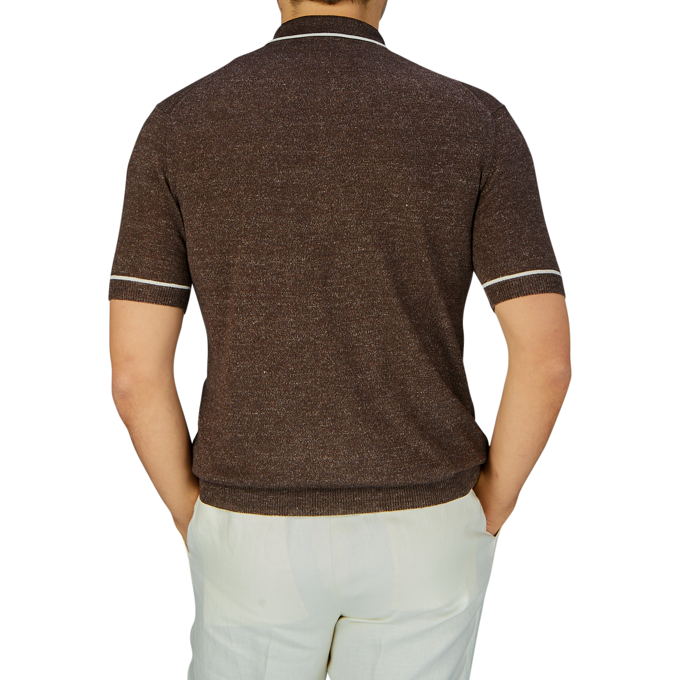 Man standing with his back to the camera wearing an Altea Brown Melange Linen Cashmere Blend Polo Shirt made in Italy and white pants.