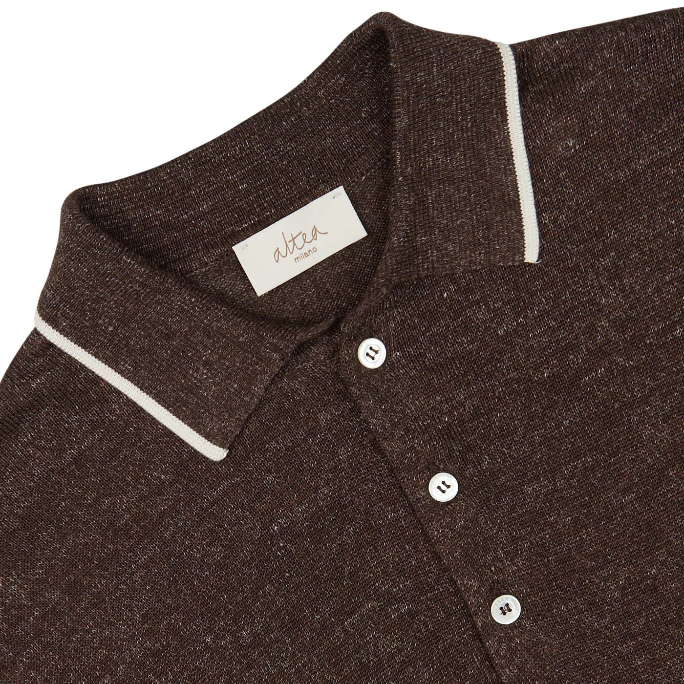 Close-up of an Altea Brown Melange Linen Cashmere Blend Polo Shirt collar with white trim and buttons.