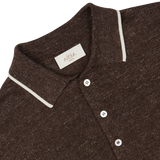 Close-up of an Altea Brown Melange Linen Cashmere Blend Polo Shirt collar with white trim and buttons.