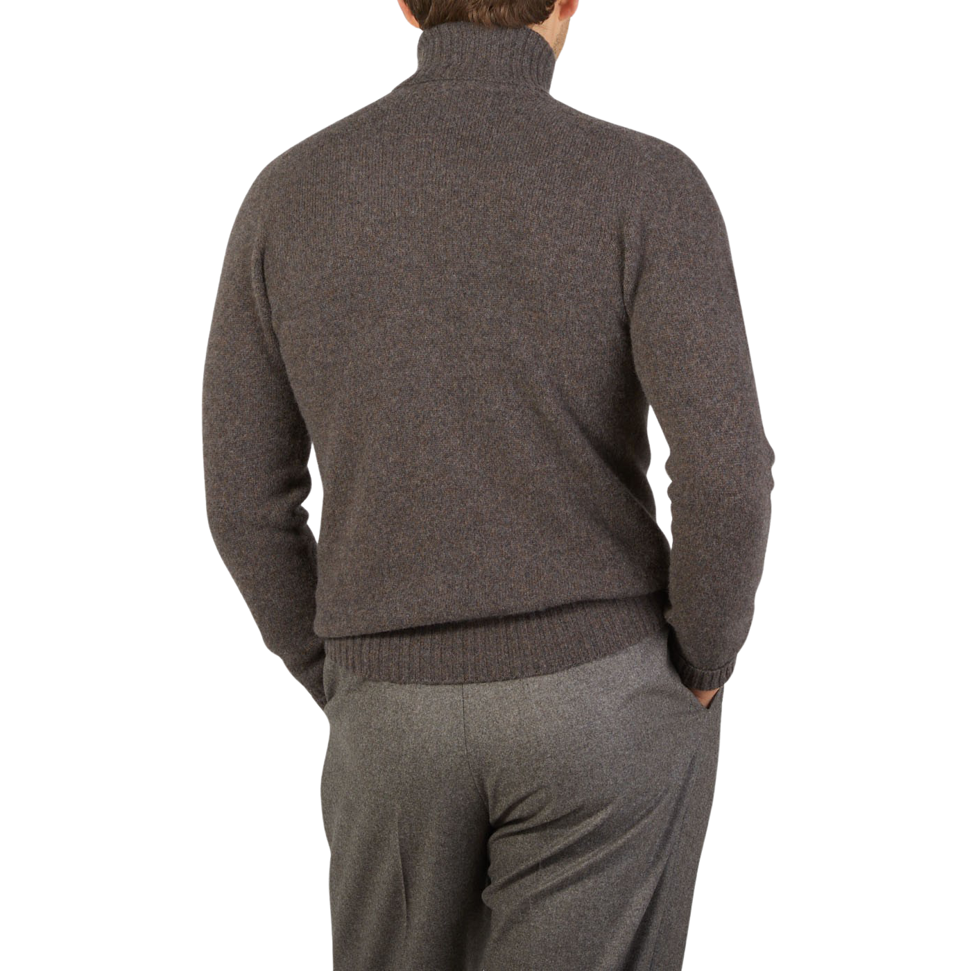 The back view of a man wearing an Altea Brown Melange Wool Cashmere Rollneck sweater.