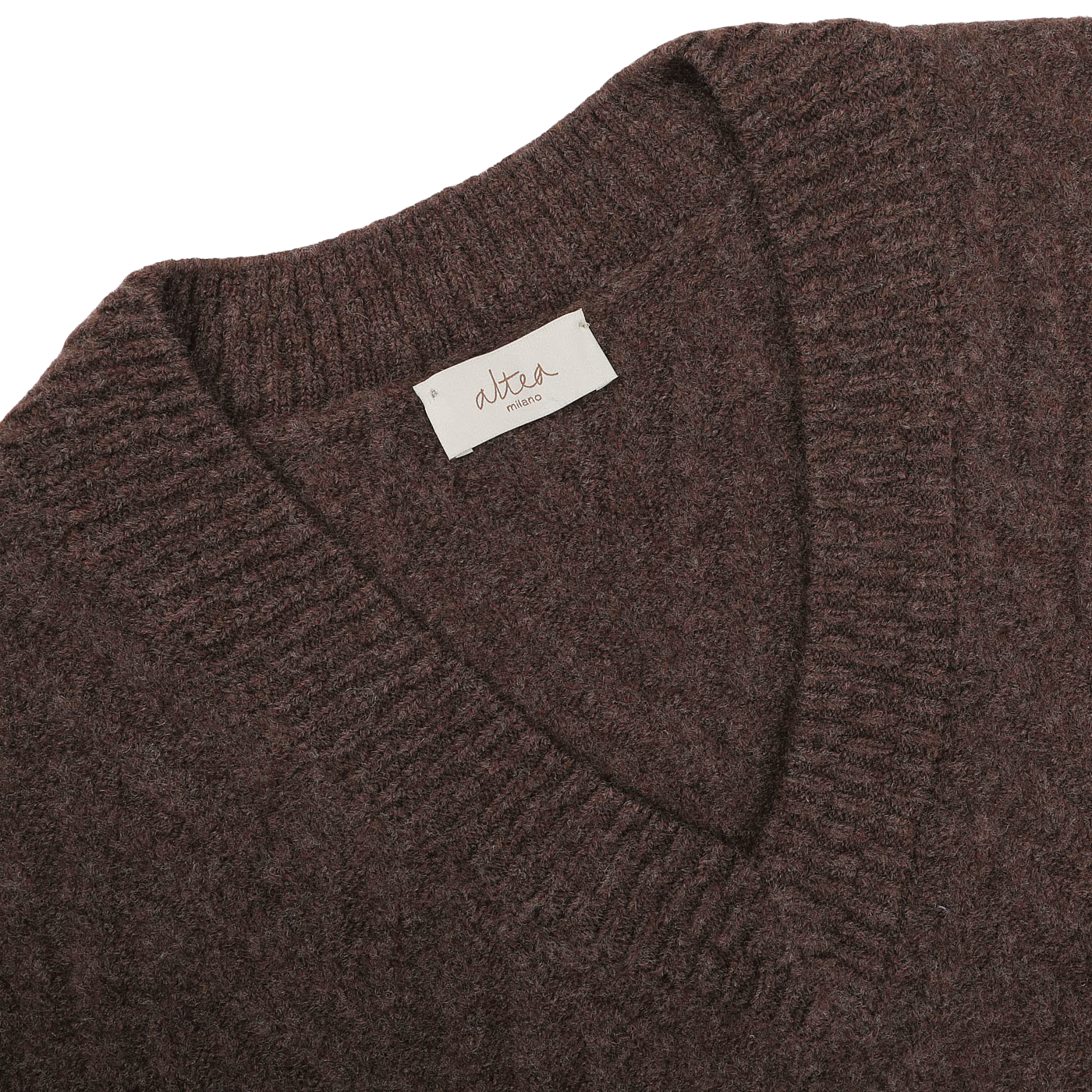 Close-up of the Brown Wool Chevron Knit V-Neck by Altea, featuring a ribbed neckline and an 'altea Milano' label.