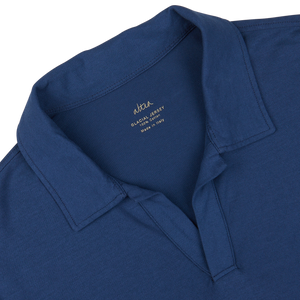 Dark Blue Cotton Jersey Capri Collar Polo Shirt with tag showing the Altea brand and size details on the collar.