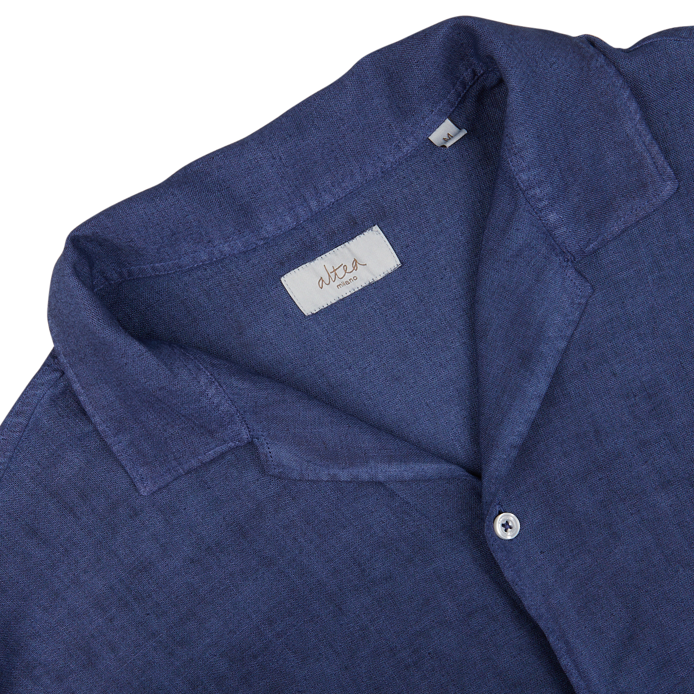 Close-up of an Altea Dark Blue Linen Blend Open Collar Shirt collar and label.