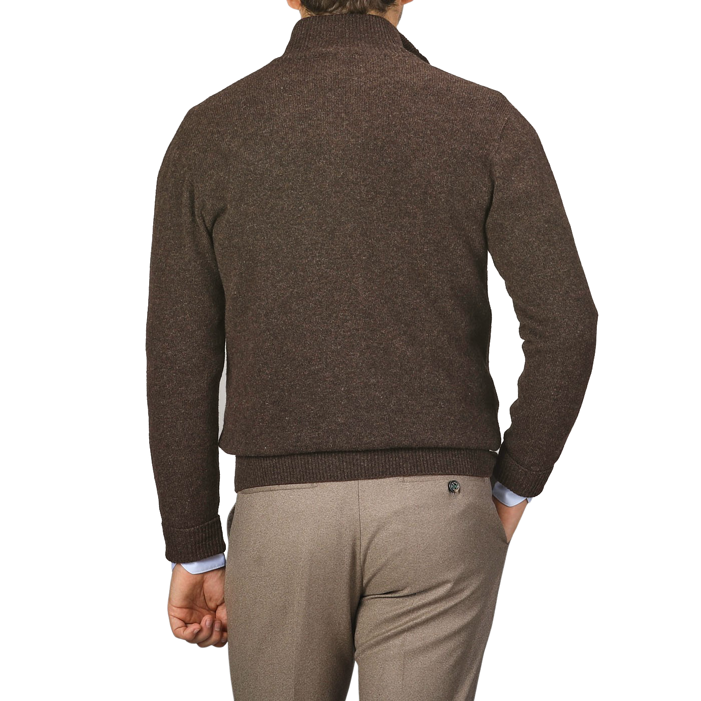 Man standing with his back to the camera, wearing an Altea Dark Brown Shetland Wool Button Cardigan and light brown pants.