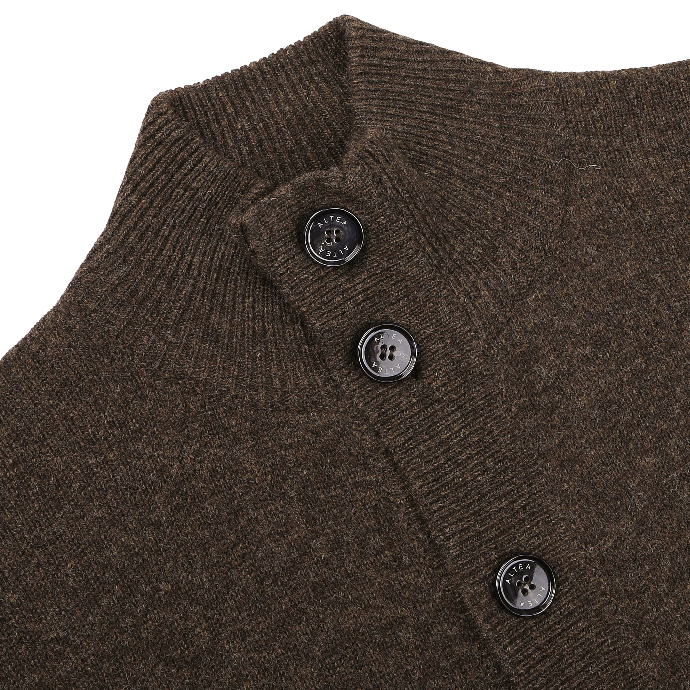 Close-up of the Dark Brown Shetland Wool Button Cardigan by Altea, featuring a ribbed collar and four black buttons along the front placket.