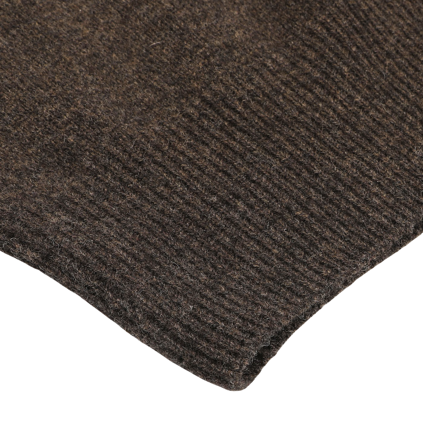 Close-up of the corner of Altea's Dark Brown Shetland Wool Button Cardigan, highlighting its distinct ribbing and rich texture.