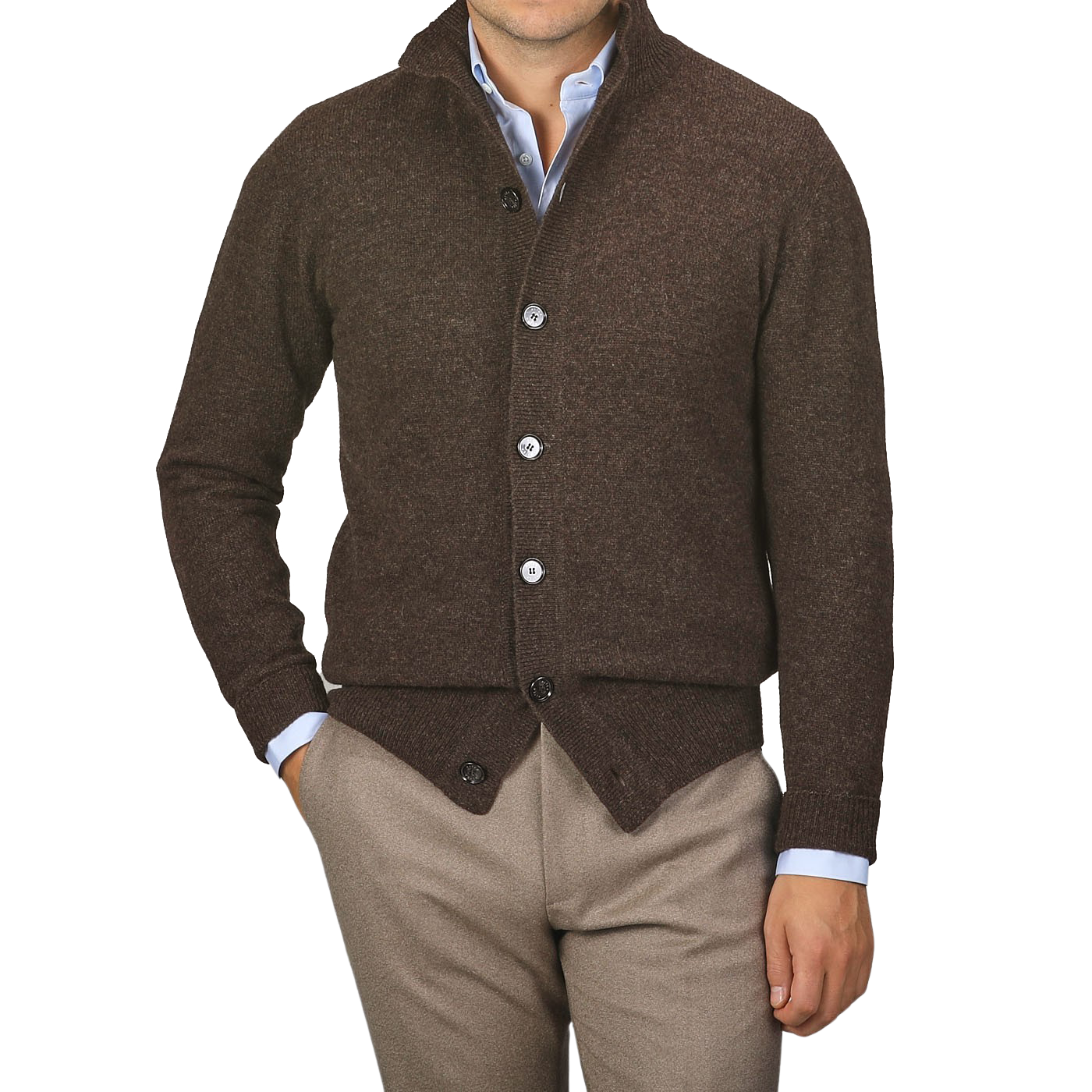 A person wearing the Altea Dark Brown Shetland Wool Button Cardigan over a blue dress shirt with beige pants, standing against a plain gray background.