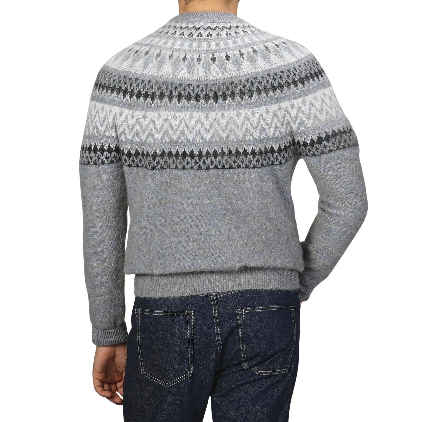 A person wearing an Altea Grey Melange Norwegian Wool Alpaca Crewneck sweater paired with dark blue jeans, seen from the back.