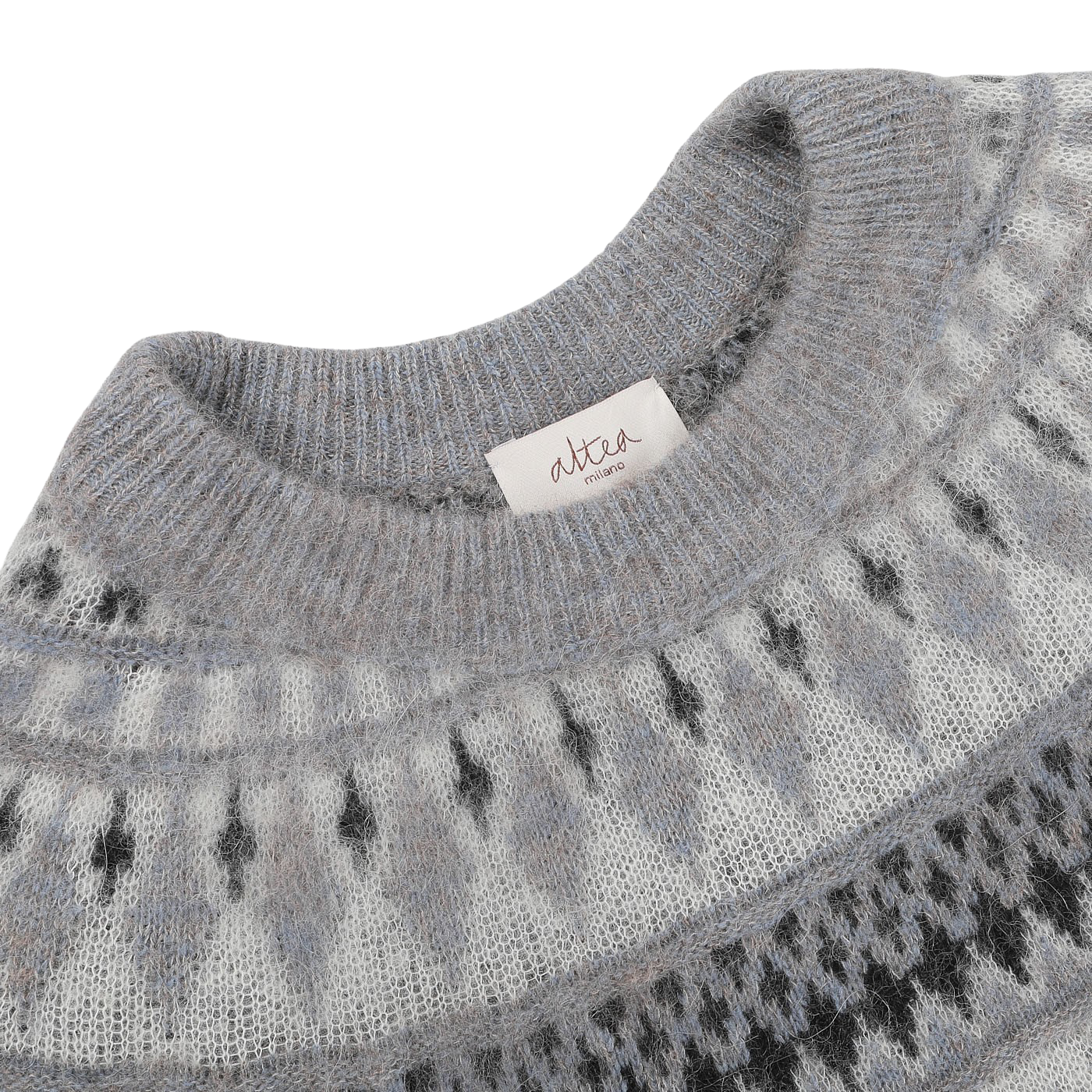 Close-up of a grey melange Norwegian wool-alpaca blend crewneck with a geometric pattern and a tag reading "Altea Milano".