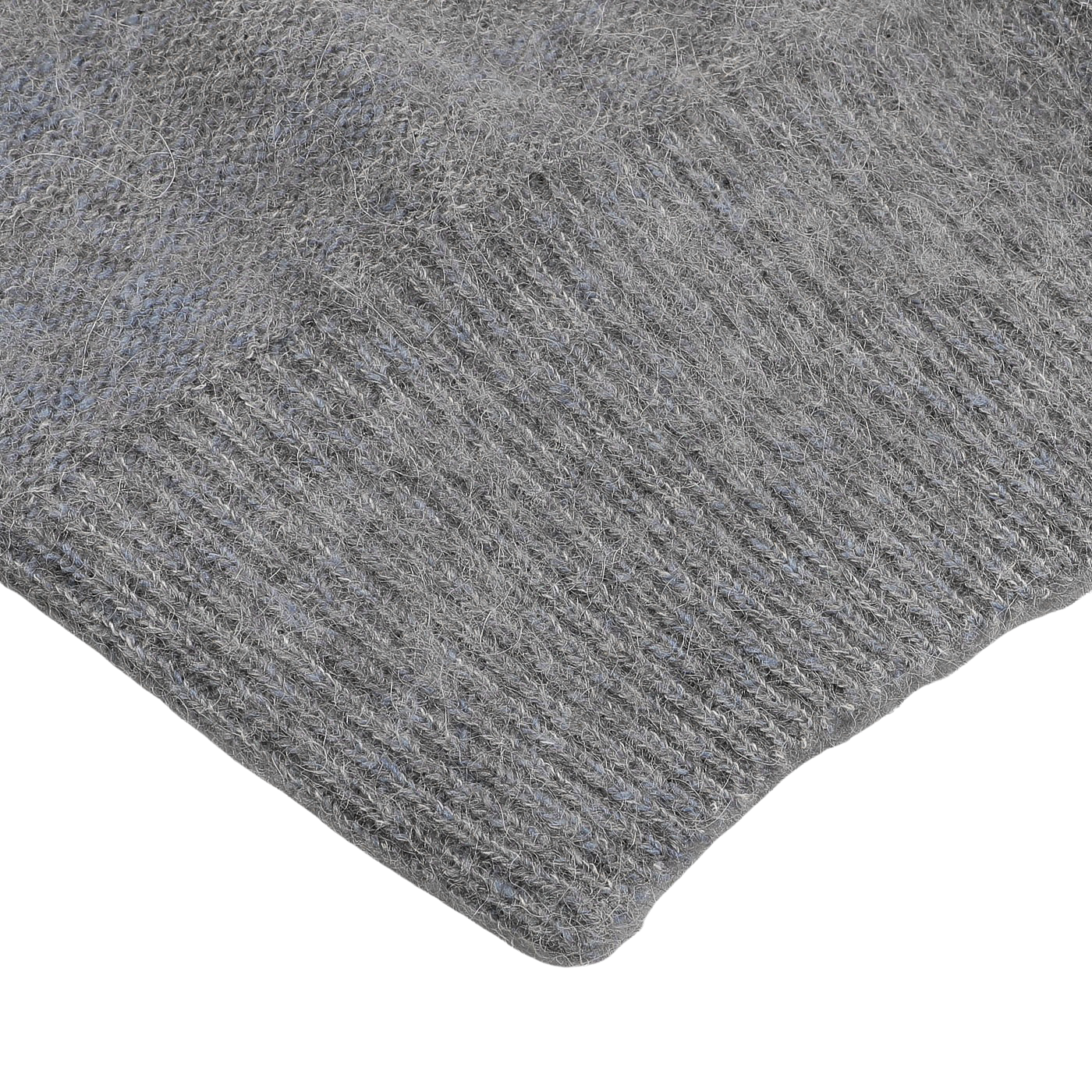 Close-up of the Grey Melange Norwegian Wool Alpaca Crewneck by Altea, showcasing its gray knitted fabric with a fuzzy texture and visible ribbed pattern, characteristic of Norwegian design in a cozy crewneck sweater made from a luxurious wool-alpaca blend.