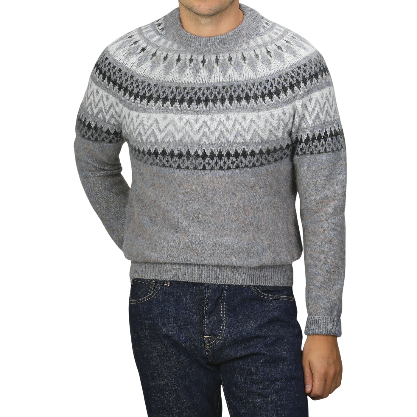 A person wearing the Altea Grey Melange Norwegian Wool Alpaca Crewneck sweater and dark blue jeans stands against a plain background, with their face not visible.