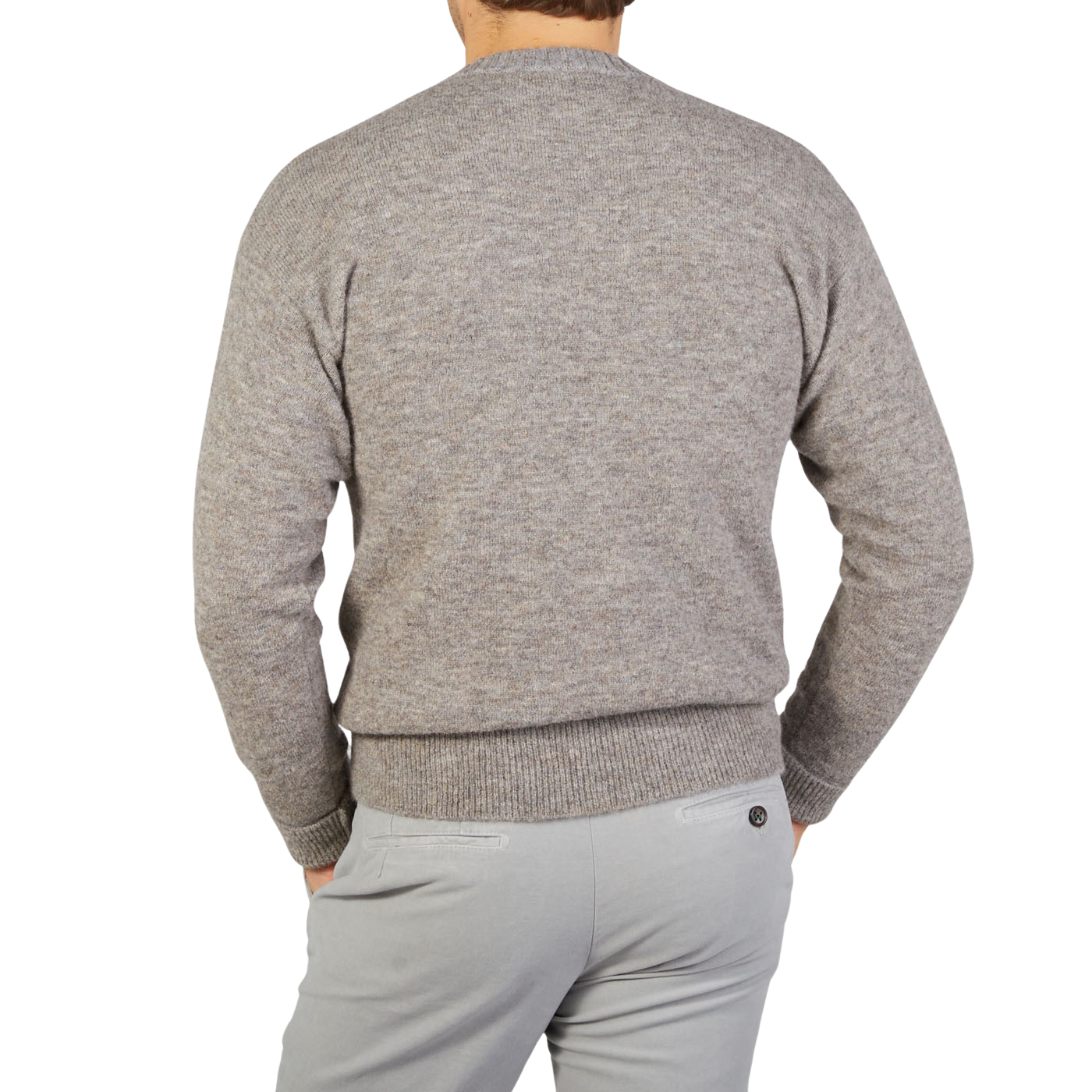 The back view of a man wearing an Altea Grey Melange Wool Alpaca Crewneck Sweater and gray pants.