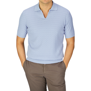 Man wearing a Altea light blue patterned, pure cotton Capri collar polo shirt and brown trousers.