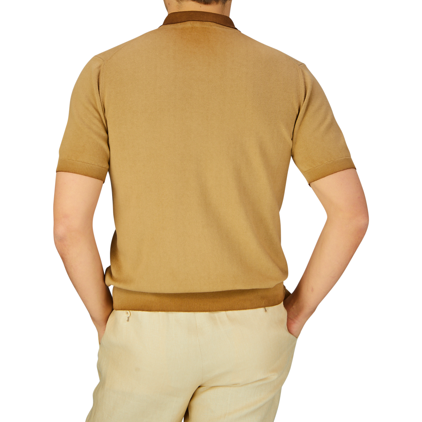 Rear view of a person wearing an Altea Light Brown Dyed Cotton Capri Collar Polo Shirt and matching pants, Made in Italy.