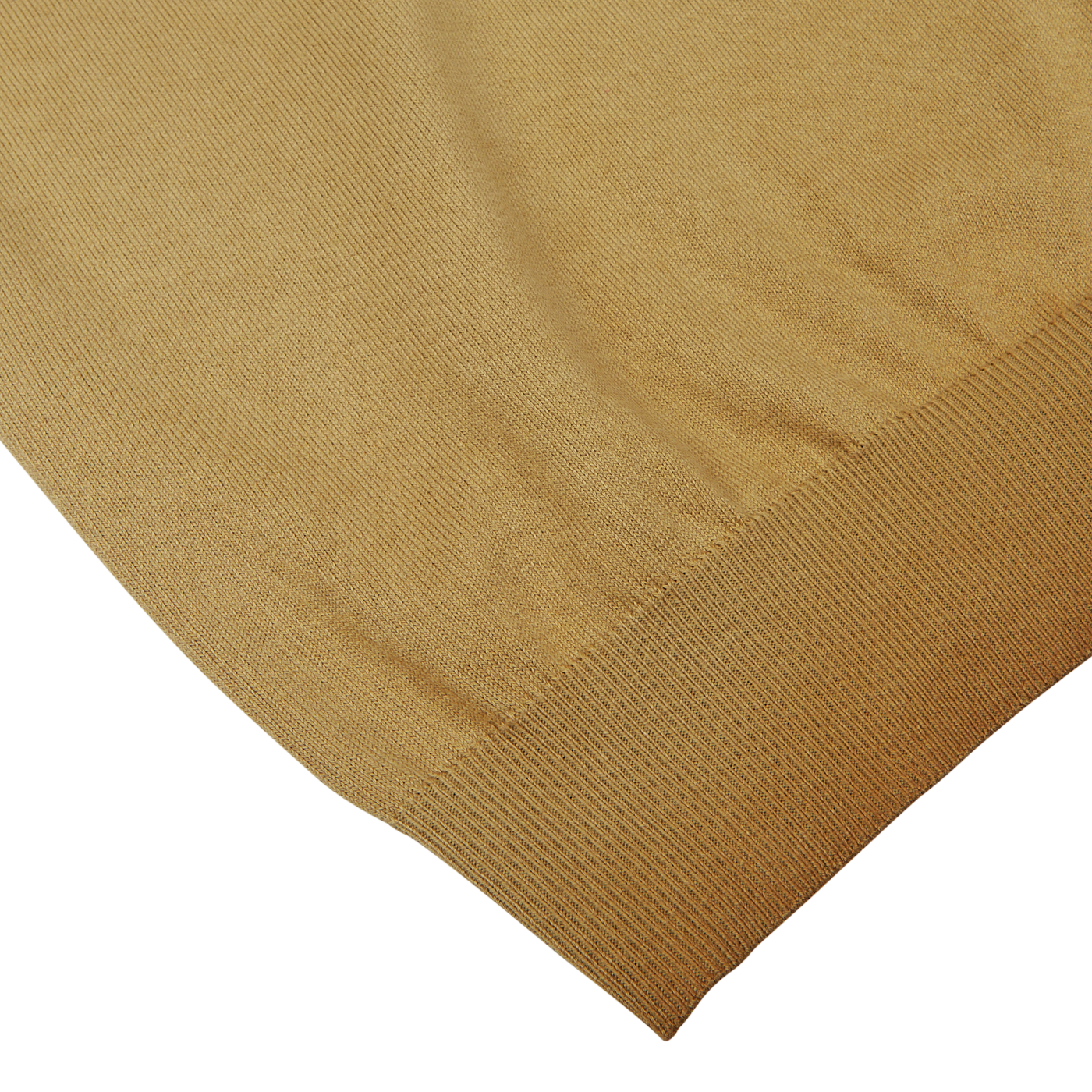 Close-up of Altea's light brown dyed cotton Capri collar polo shirt with a fine texture and neatly hemmed edge on a white background.