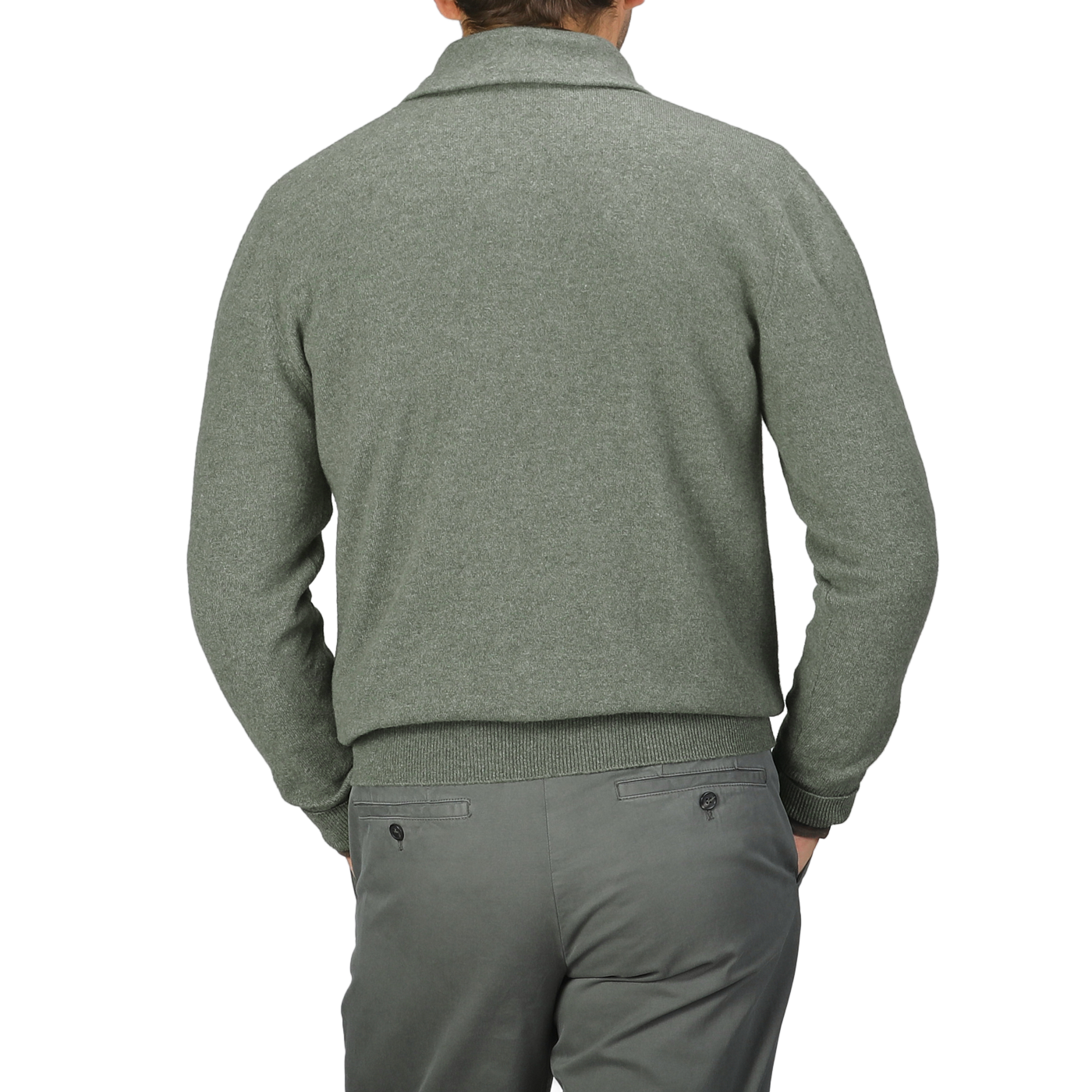 Person wearing an Altea Moss Green Wool Fleece 1/4 Zip Sweater and gray pants, facing away.