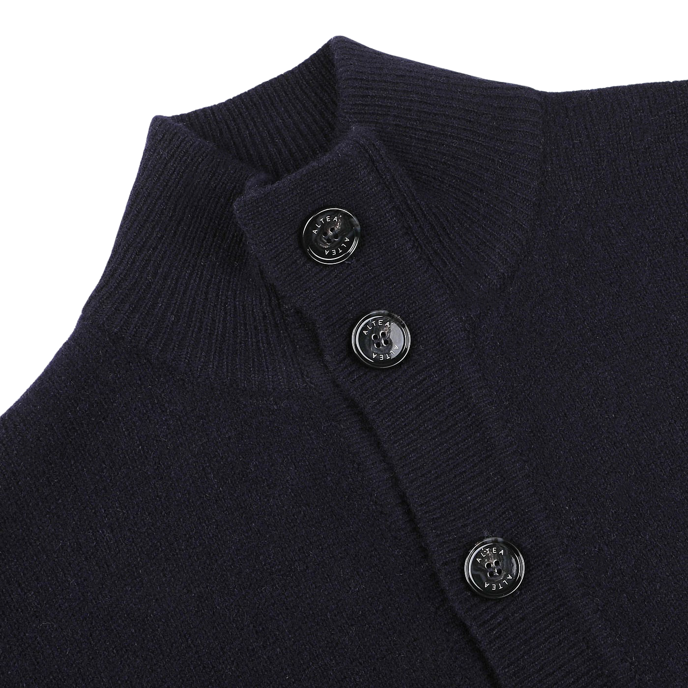 Close-up of the Altea Navy Blue Shetland Wool Button Cardigan, featuring a ribbed collar and three black buttons.