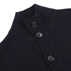 Close-up of the Altea Navy Blue Shetland Wool Button Cardigan, featuring a ribbed collar and three black buttons.