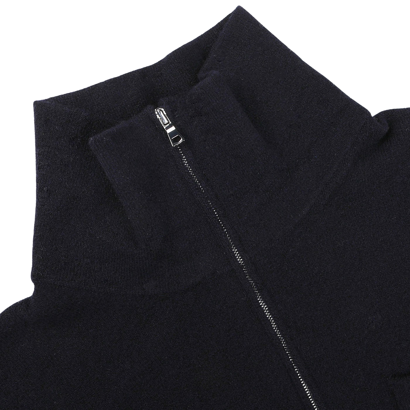 Close-up of a navy blue, wool fleece 1/4 zip sweater by Altea with a partially unzipped silver zipper on a plain white background.