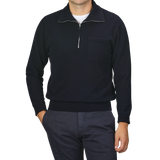 A person wearing a Navy Blue Wool Fleece 1/4 Zip Sweater by Altea, with a small chest pocket, paired with dark pants. The face is not visible.