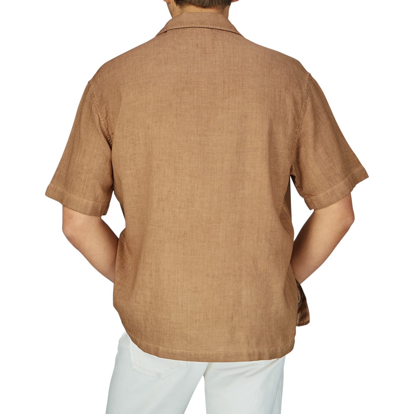 Man wearing an Altea Tobacco Brown Linen Blend Camp Collar Shirt with mother-of-pearl buttons and white pants, viewed from the back.