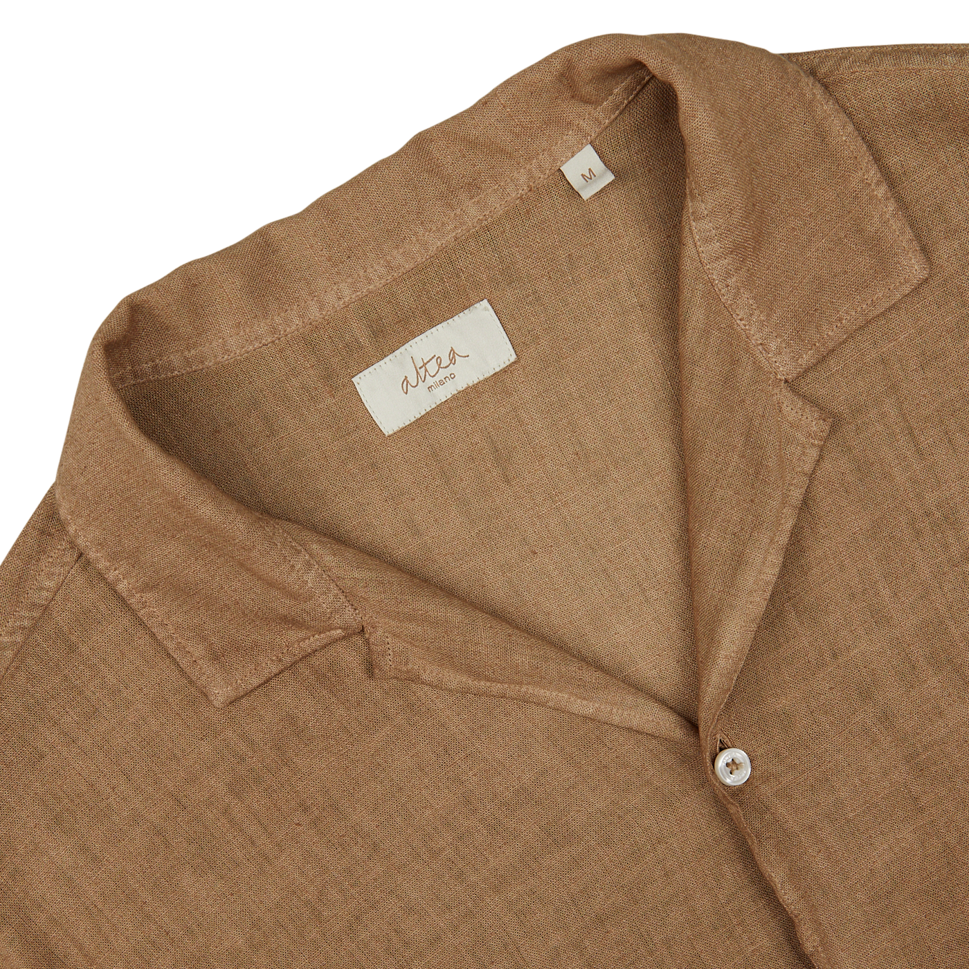 Close-up of an Altea Tobacco Brown Linen Blend Camp Collar Shirt with a visible label and mother-of-pearl button.