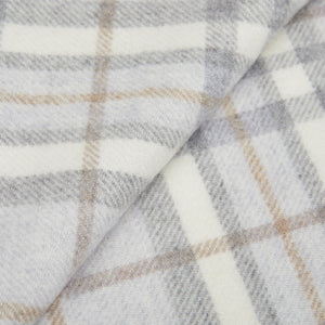 A close up of a light grey-cream plaid Light Grey Off-White Checked Merino Wool Scarf fabric by Amanda Christensen.