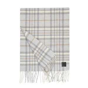A light grey and cream checked scarf made of pure merino wool on a white background.
Revised Sentence: A Light Grey Off-White Checked Merino Wool Scarf by Amanda Christensen.
