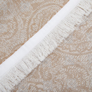 Close-up texture of Amanda Christensen's Beige Grey Woven Paisley Cotton Scarf with a contrasting smooth seam.