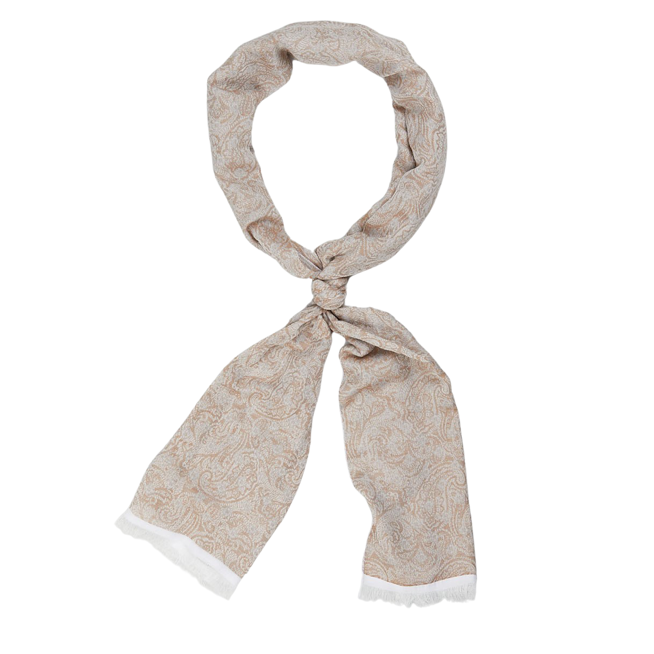 Beige Grey Woven Paisley Cotton Scarf by Amanda Christensen with a knot tied at the center displayed on a white background.