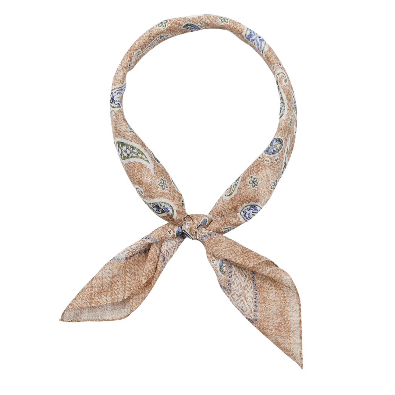 Beige Melange Paisley Print Cotton Bandana by Amanda Christensen tied in a knot on a white background.