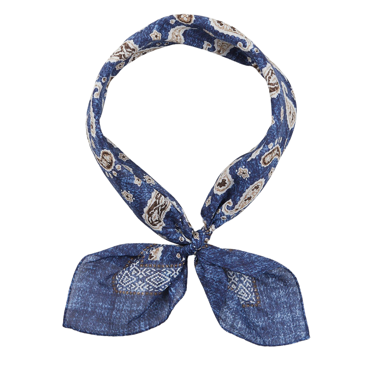 Blue Melange Paisley Print Cotton Bandana from Amanda Christensen tied in a knot with a bow.