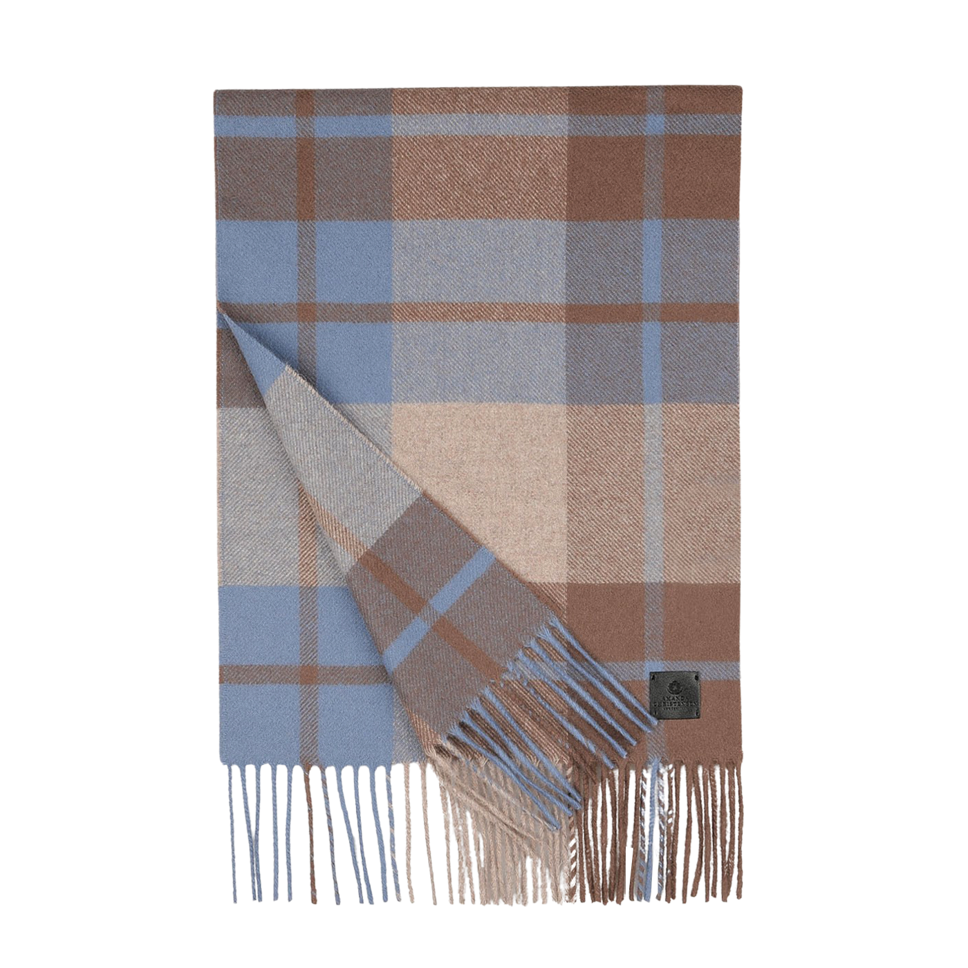 A Brown Blue Checked Merino Wool Scarf with fringe edges by Amanda Christensen, featuring a plaid pattern in brown, beige, and blue tones and a visible label on one side.