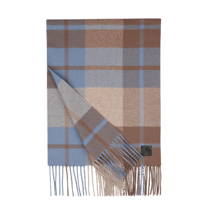 A Brown Blue Checked Merino Wool Scarf with fringe edges by Amanda Christensen, featuring a plaid pattern in brown, beige, and blue tones and a visible label on one side.