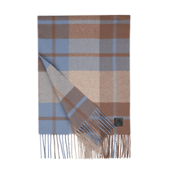 A Brown Blue Checked Merino Wool Scarf with fringe edges by Amanda Christensen, featuring a plaid pattern in brown, beige, and blue tones and a visible label on one side.