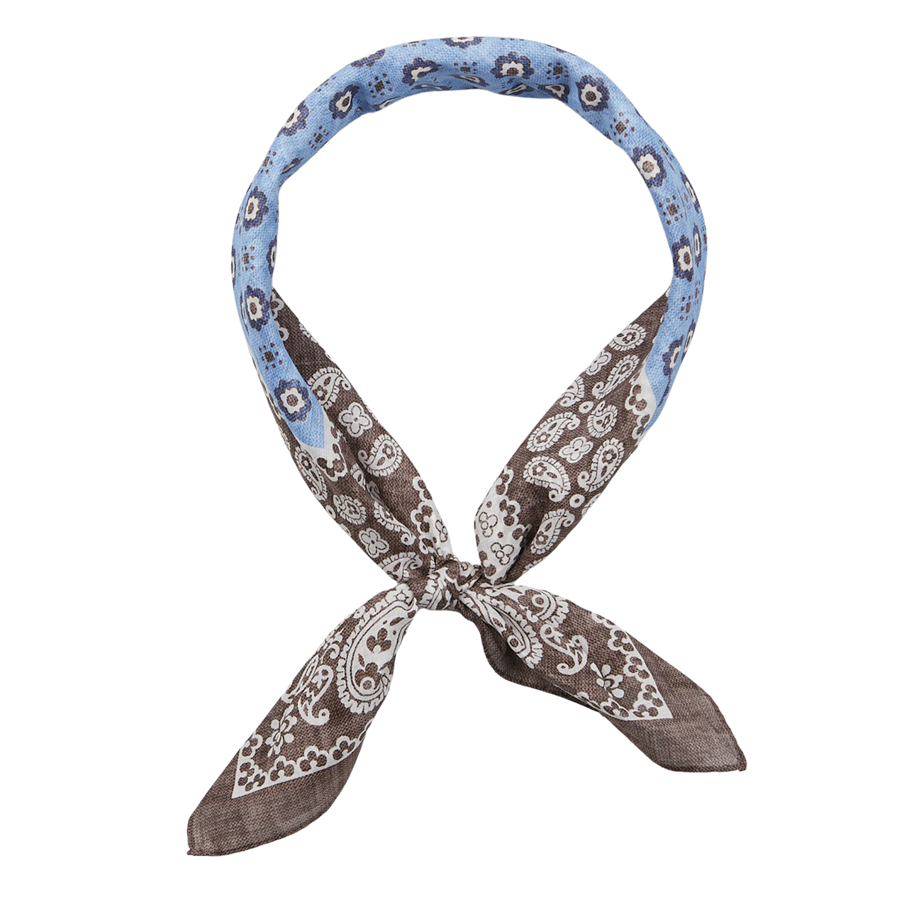 A Brown Melange Paisley Print Cotton Bandana tied in a knot against a white background by Amanda Christensen.