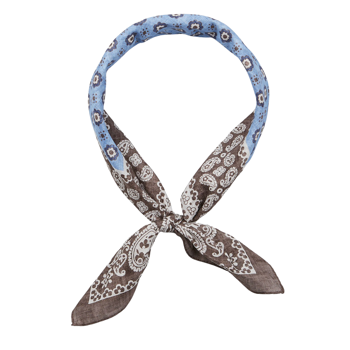 A Brown Melange Paisley Print Cotton Bandana tied in a knot against a white background by Amanda Christensen.