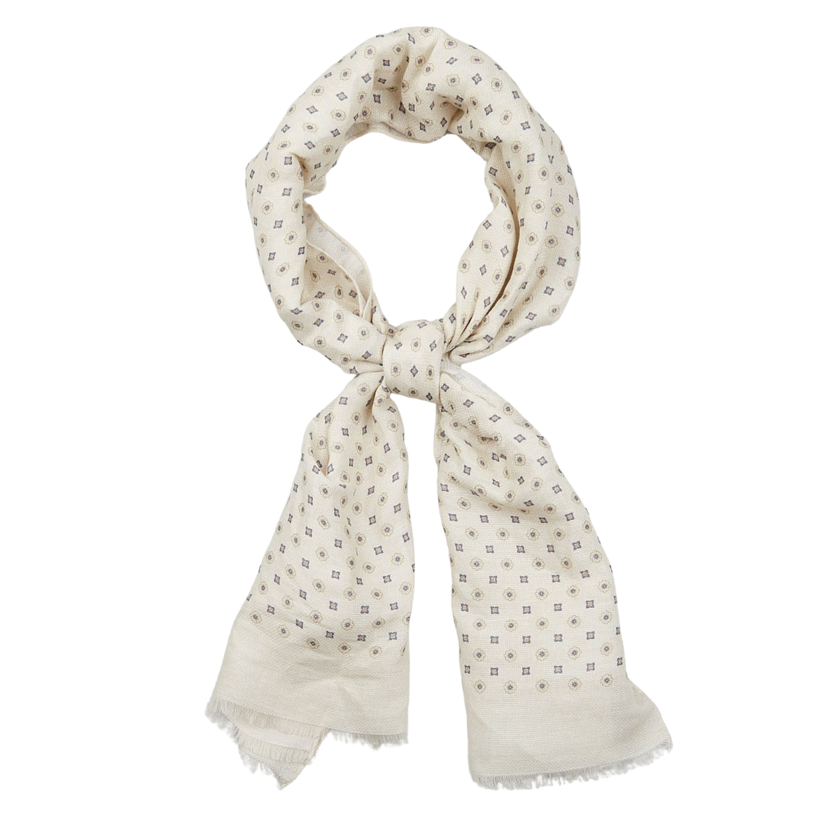 Cream Medallion Printed Linen Cotton Scarf by Amanda Christensen, tied in a knot, displayed against a white background.