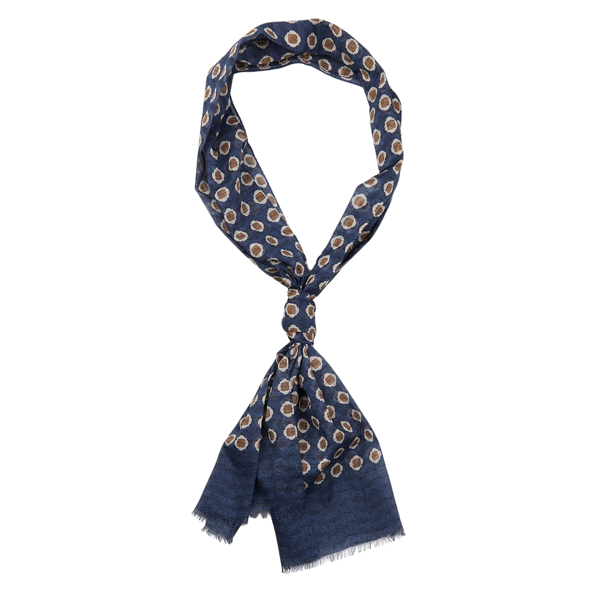 Dark Blue Geometrical Printed Cotton Scarf by Amanda Christensen with an abstract dot pattern, made in Italy, casually tied on a white background.