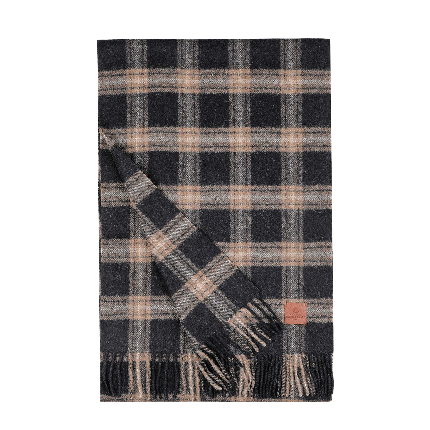 A checked virgin wool scarf in navy and beige with fringed edges and a brown leather tag from Amanda Christensen.