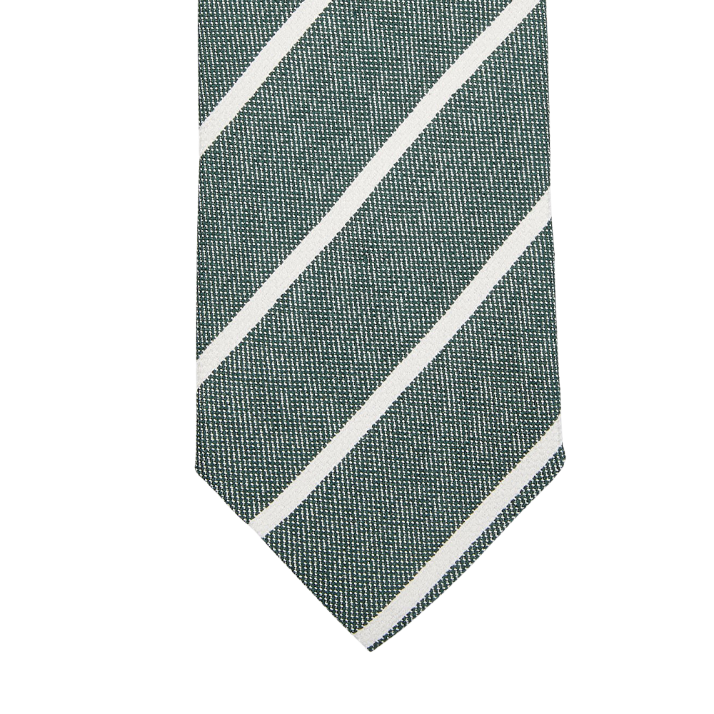 A Green Melange Striped Silk Lined Tie by Amanda Christensen on a white background.
