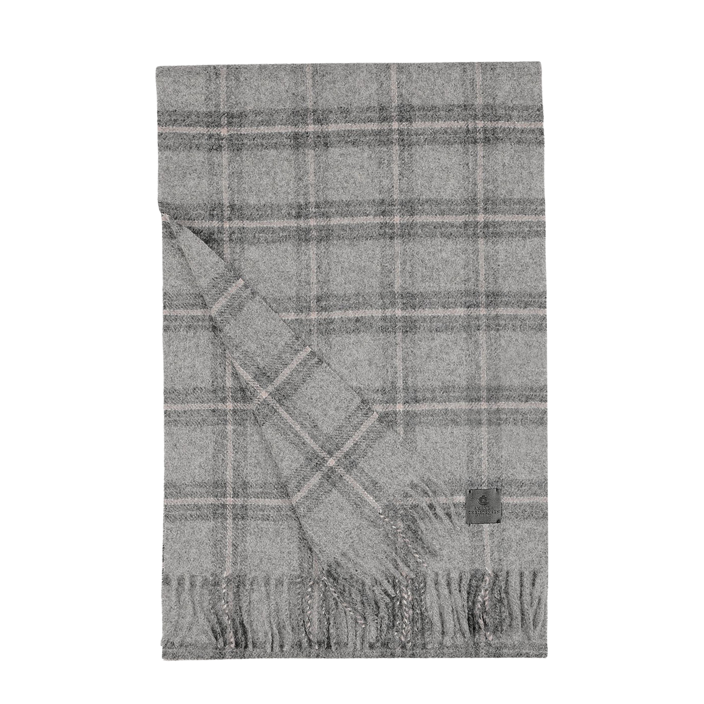 The Grey Blue Checked Virgin Wool Scarf by Amanda Christensen is displayed flat, highlighting its intricate pattern and texture. Made in Italy from pure virgin wool, it features fringed edges.