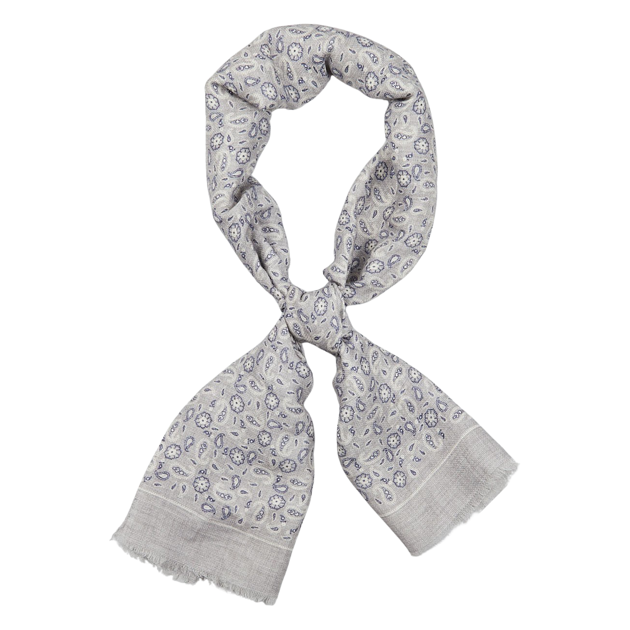 A Grey Paisley Printed Linen Cotton Scarf with a white and purple floral pattern on a white background by Amanda Christensen.
