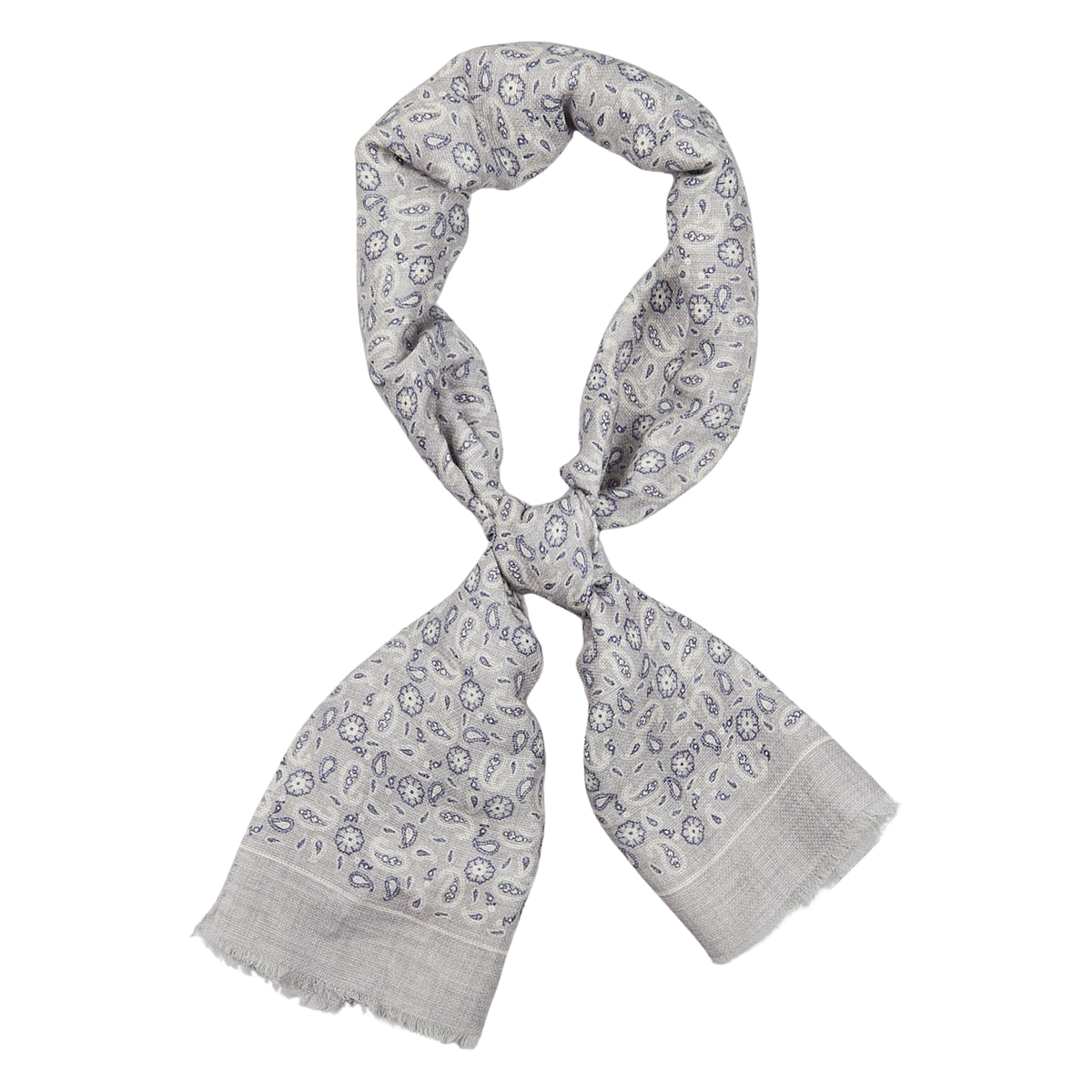 A Grey Paisley Printed Linen Cotton Scarf with a white and purple floral pattern on a white background by Amanda Christensen.