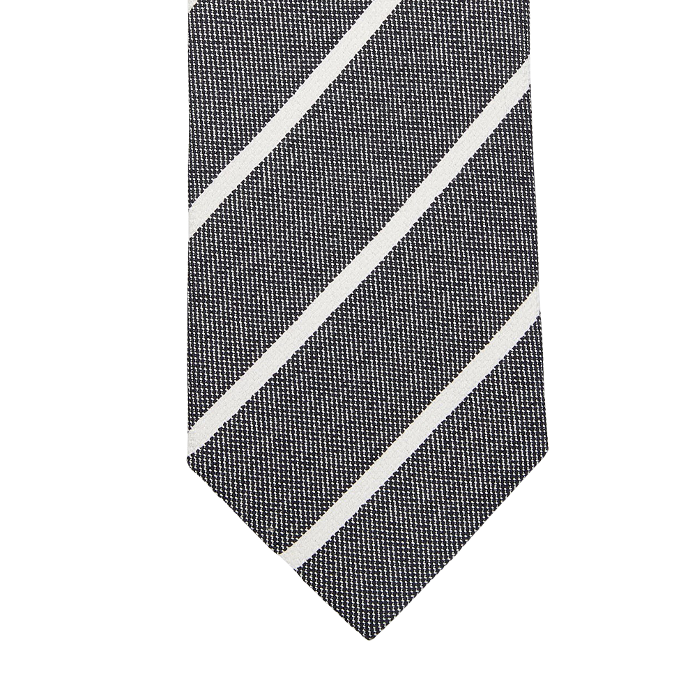 An Amanda Christensen grey melange striped silk lined tie on a white background.